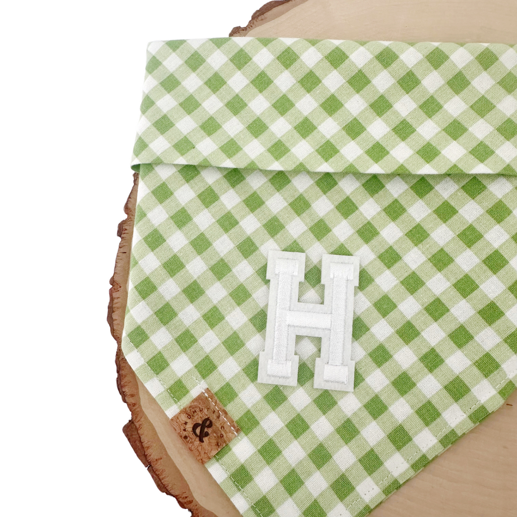 green apple gingham letterman dog bandana