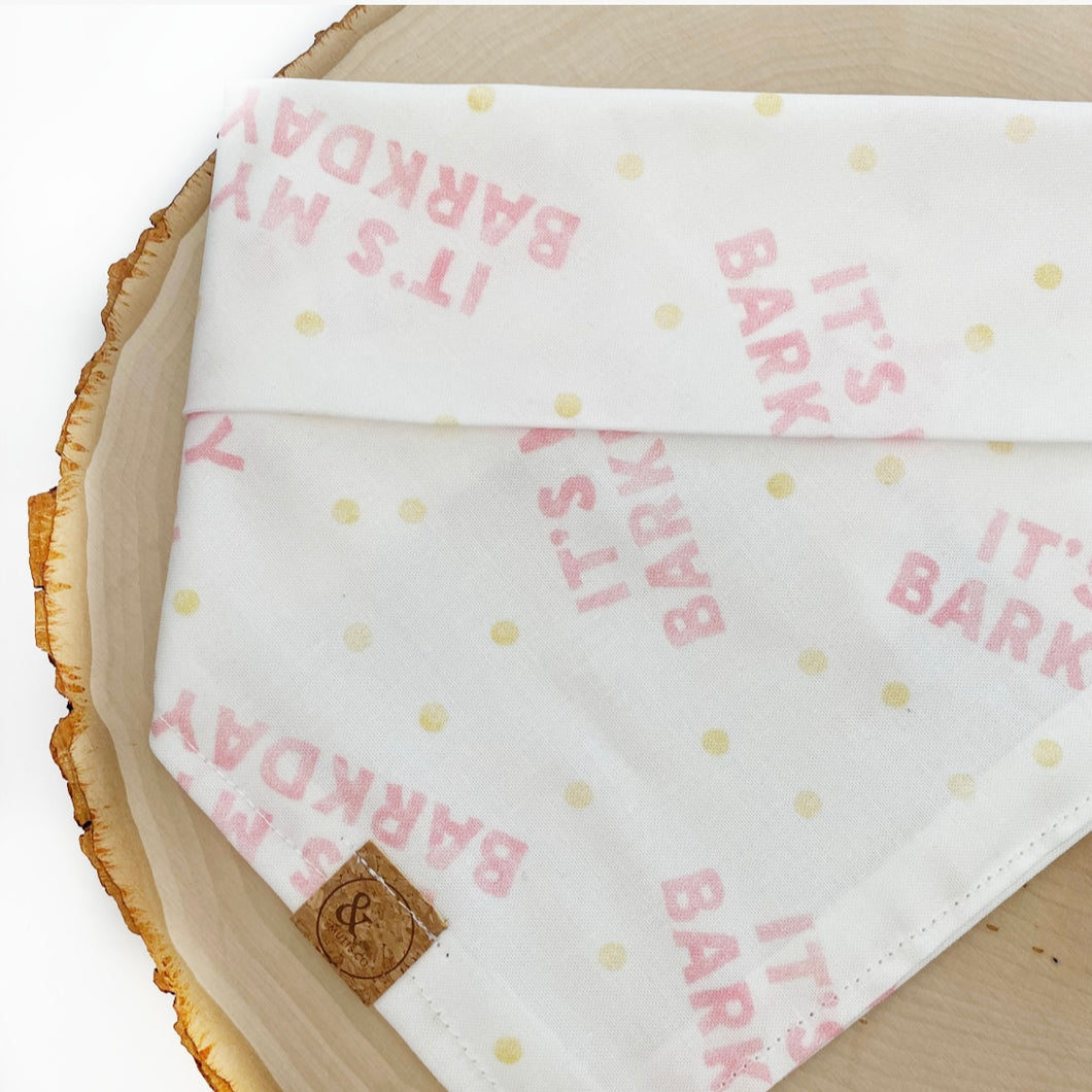 pink barkday (white background) dog bandana